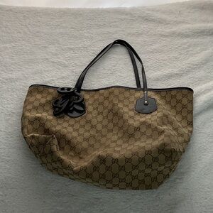 Authentic Gucci Tan GG Canvas Tote with Black Leather Handles